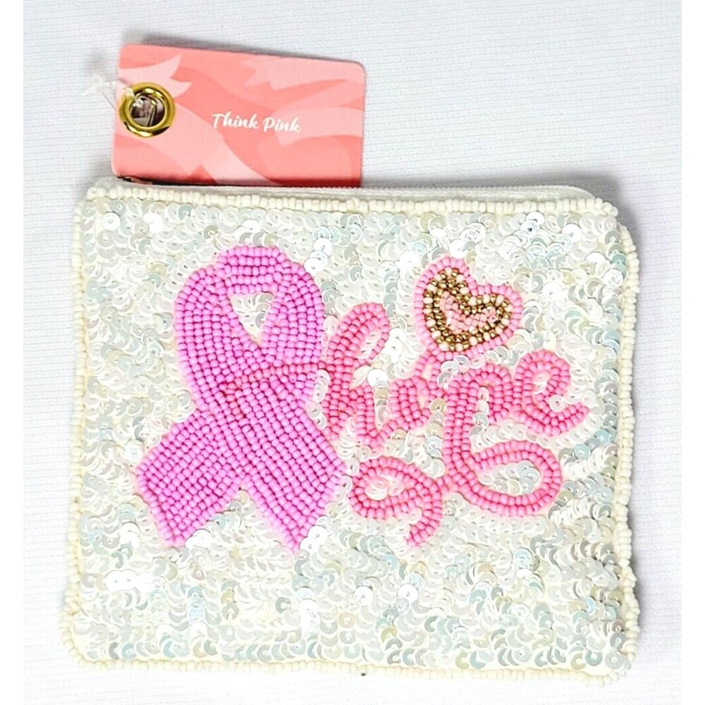 Breast Cancer Hope Think Pink Ribbon Beaded Sequin Coin Purse Pouch 5"
